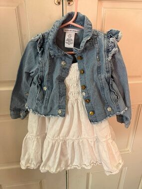 4t white smocked dress with Denim Jacket